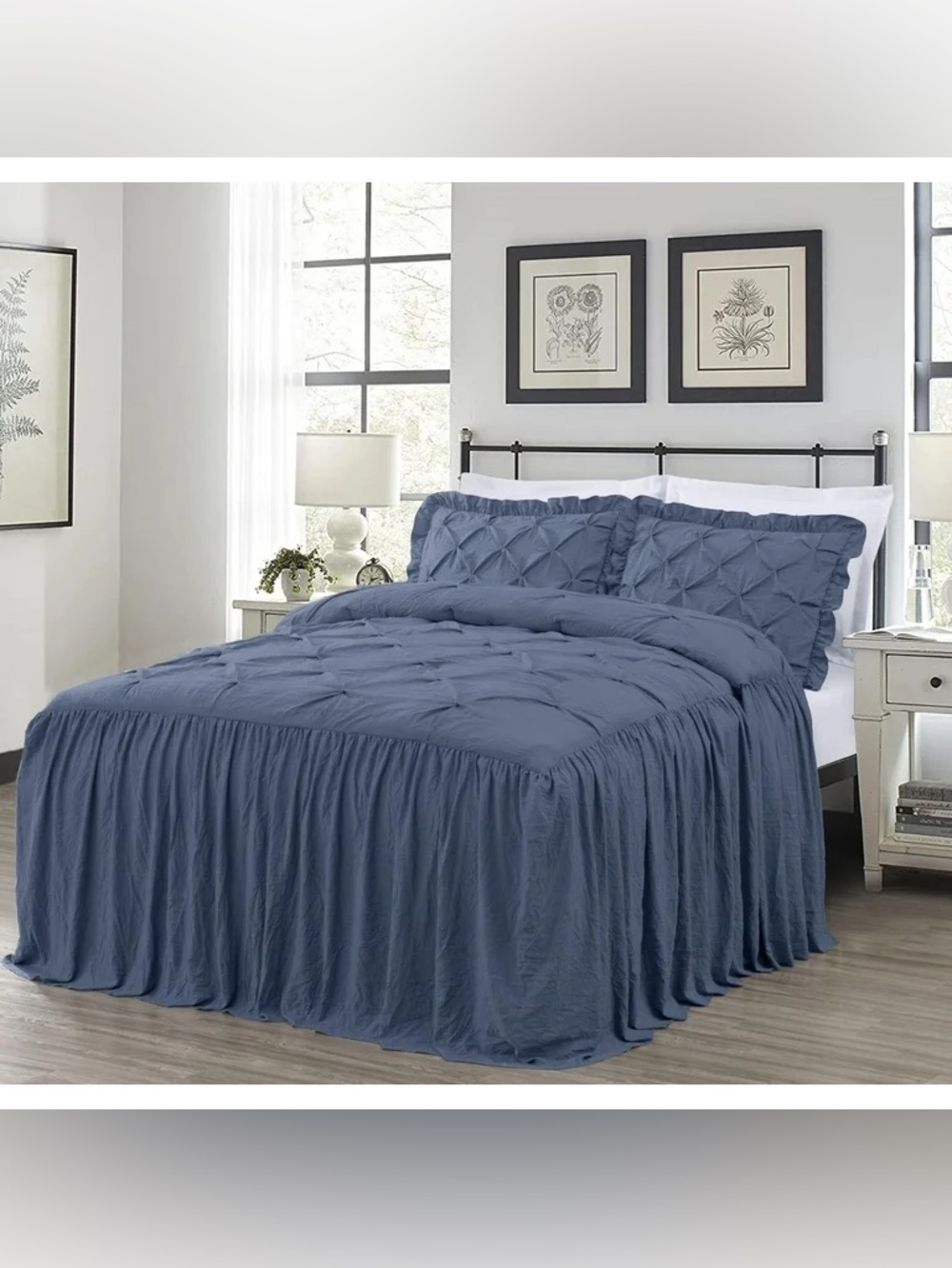 Blue Pinch-Pleat king 3 piece Bedspread Set